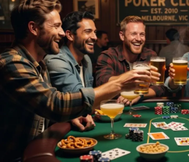 Friends raising cocktails and beers around a poker table in an Australian restaurant