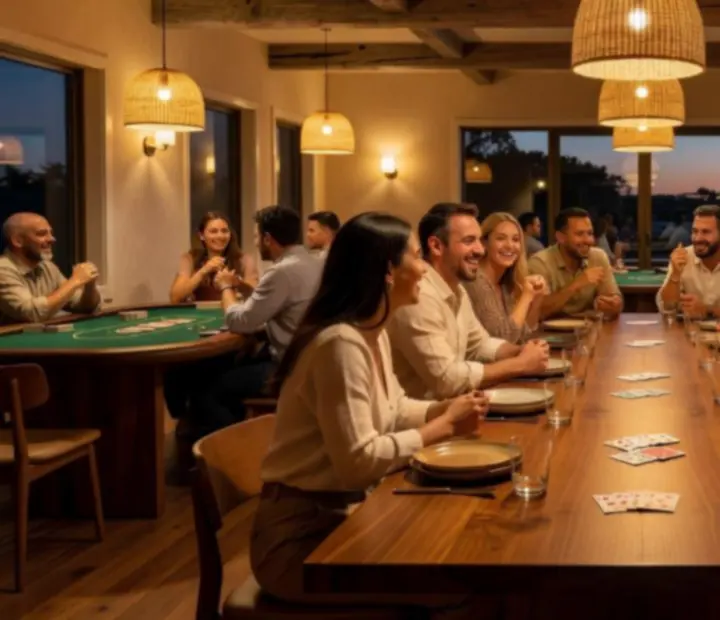Friends gathered around an offline poker table at Lucky Fiestta card lounge