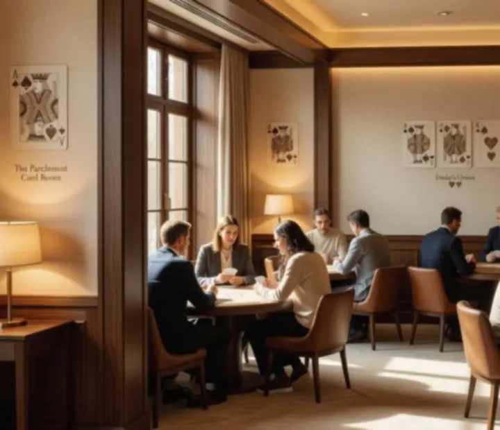 Warm Australian card lounge interior with timber accents, green felt tables and soft evening lighting.