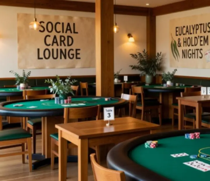 Overhead illustration of the Lucky Fiestta card room layout with poker tables and lounge seating
