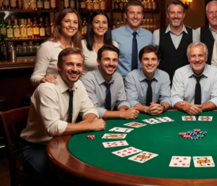 Group of players gathered around a poker table for a final night photo in a warm clubhouse