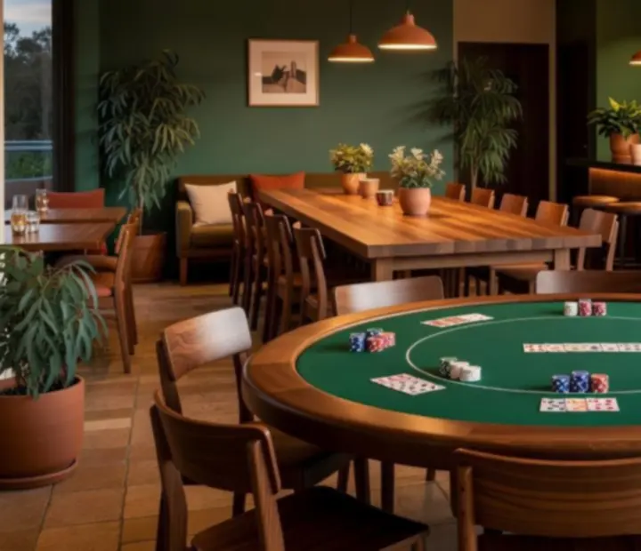 Warm Australian restaurant card lounge with a green-felt poker table set for the evening