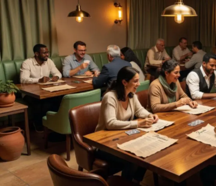Card room layout with long walnut communal tables and poker nooks in a warm Australian restaurant.