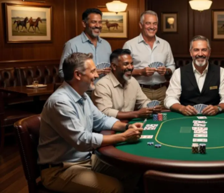 Portraits of Lucky Fiestta poker regulars, dealers and hosts around the table
