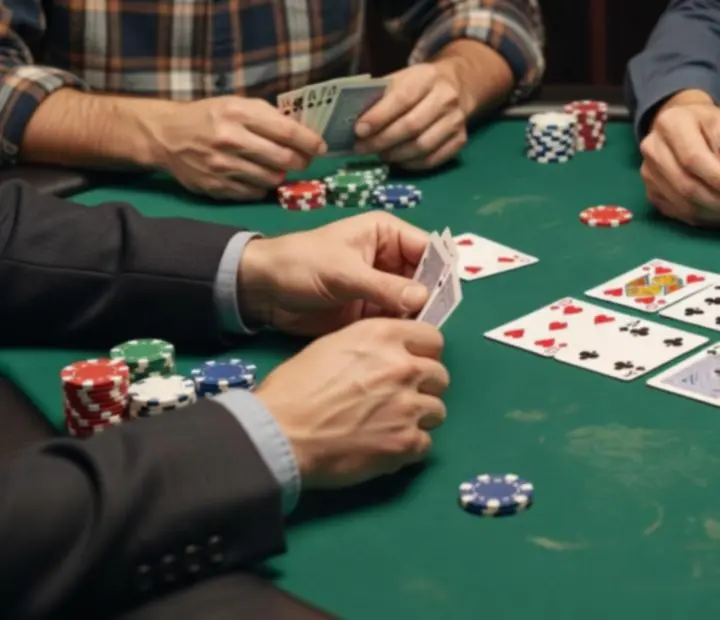 Close-up of dealer hands, cards and poker chips being gathered on a green felt table.