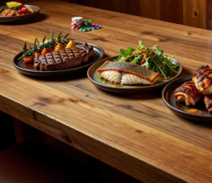 Chargrilled steaks and mains plated on a timber table beside a poker layout.