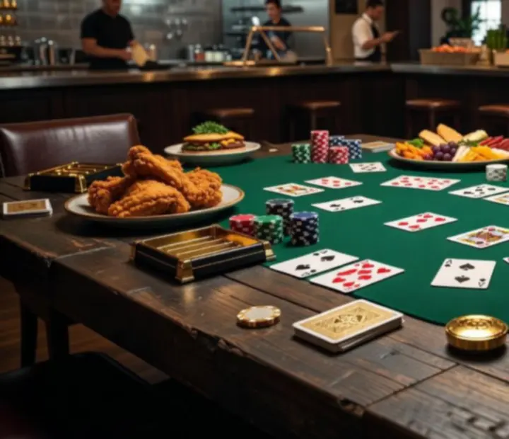 Communal dining table with green felt runner, playing cards and plates in a warm poker lounge.