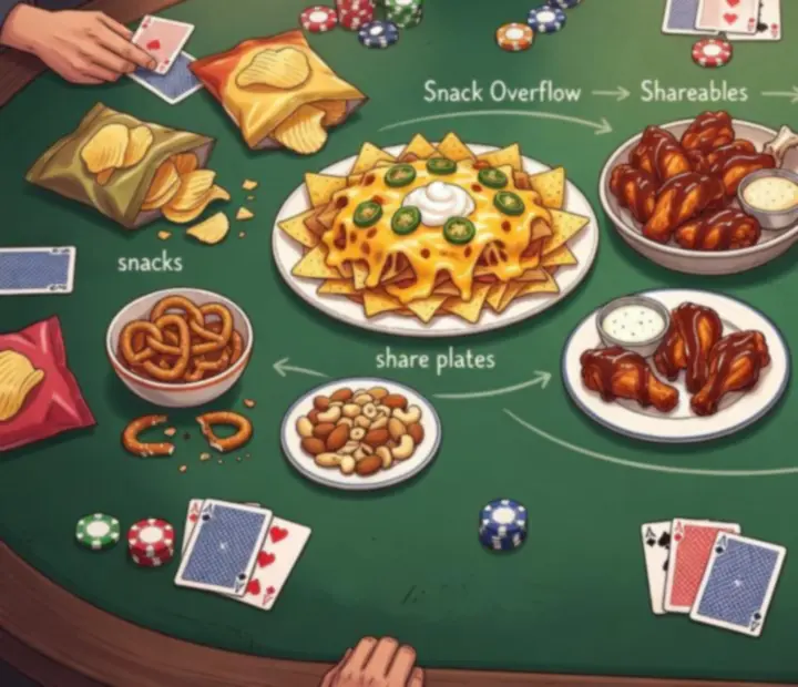 Illustrated timeline of food and drinks rolling out through a poker night alongside blinds.
