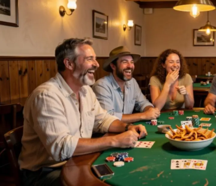 Group of friends laughing around an offline poker table at Lucky Fiestta