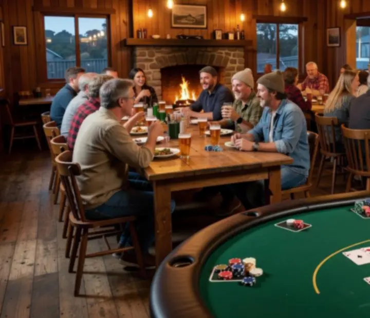 Warm Australian card room with poker table and communal dining at Lucky Fiestta