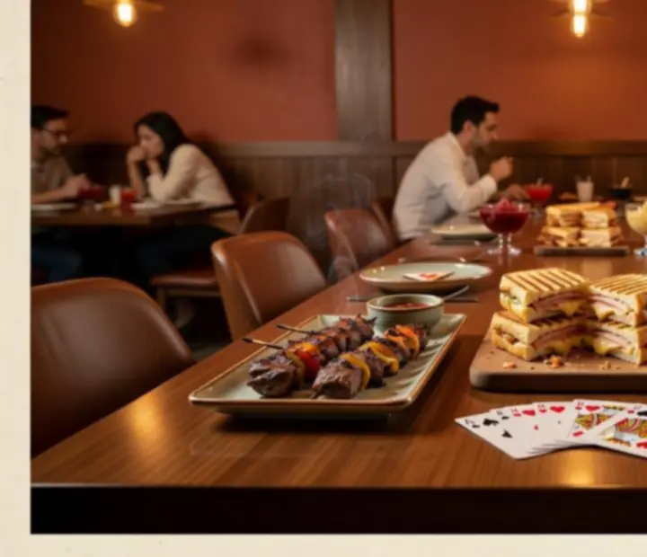 Late-night plates served beside a poker table at Lucky Fiestta