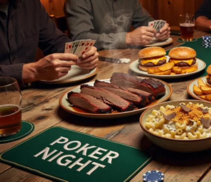 Late-night plates and drinks arranged beside a poker table in a warm Australian restaurant.