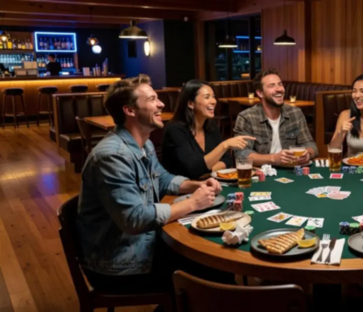 Friends gathered around a poker table in an Australian restaurant, sharing food and playing cards after dark.