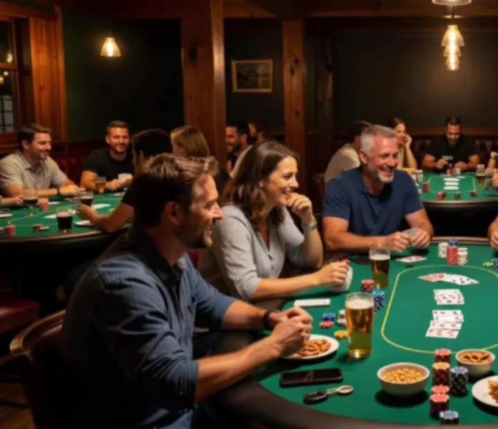 Friends gathered at a green-felt poker table with share plates in an Australian card lounge