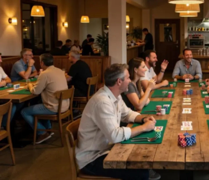 A warm Australian restaurant interior with a communal table set for an offline poker night with cards, chips and shared plates.