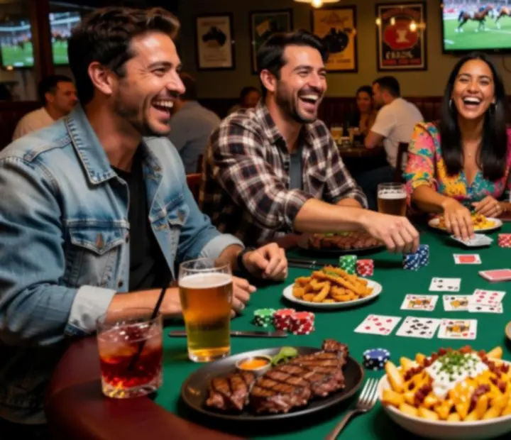 Group of friends enjoying food and poker around a warm Australian restaurant card table.