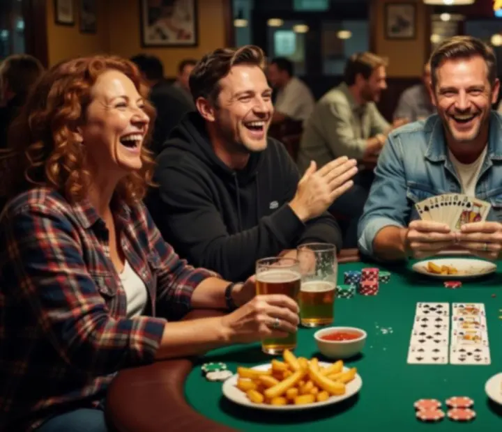 Group of friends gathered around an evening poker table in a warm Australian restaurant card lounge