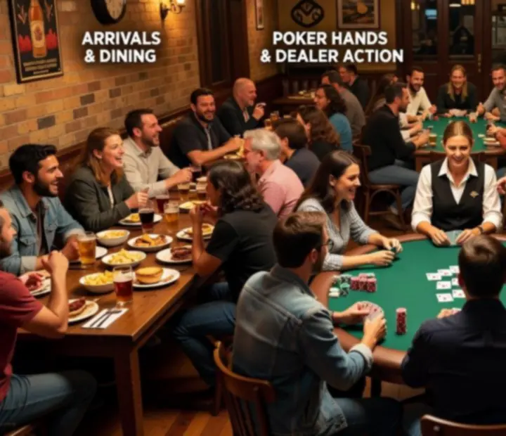 Timeline-inspired collage of a poker night with guests dining and playing cards