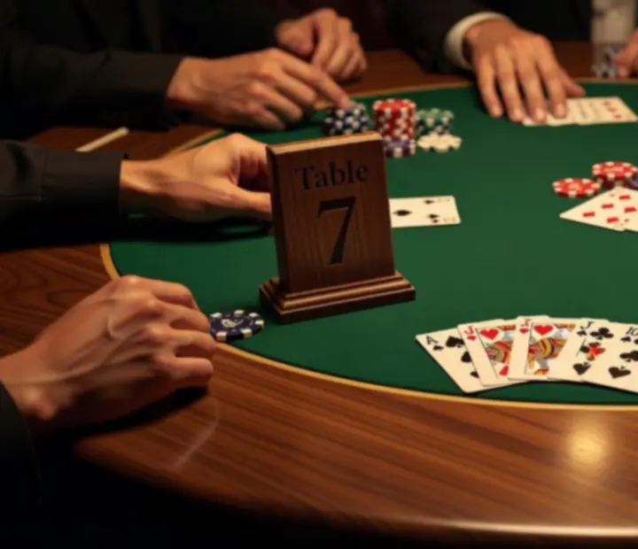 Close-up of poker chips, cards and hands mid-play at Lucky Fiestta