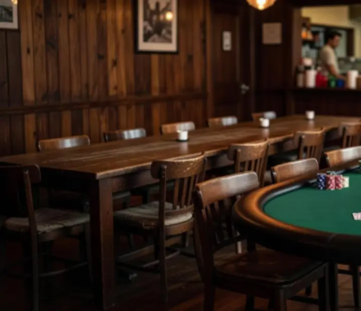 Warm Australian poker room after sunset with green felt tables, timber interiors and friends around the cards.