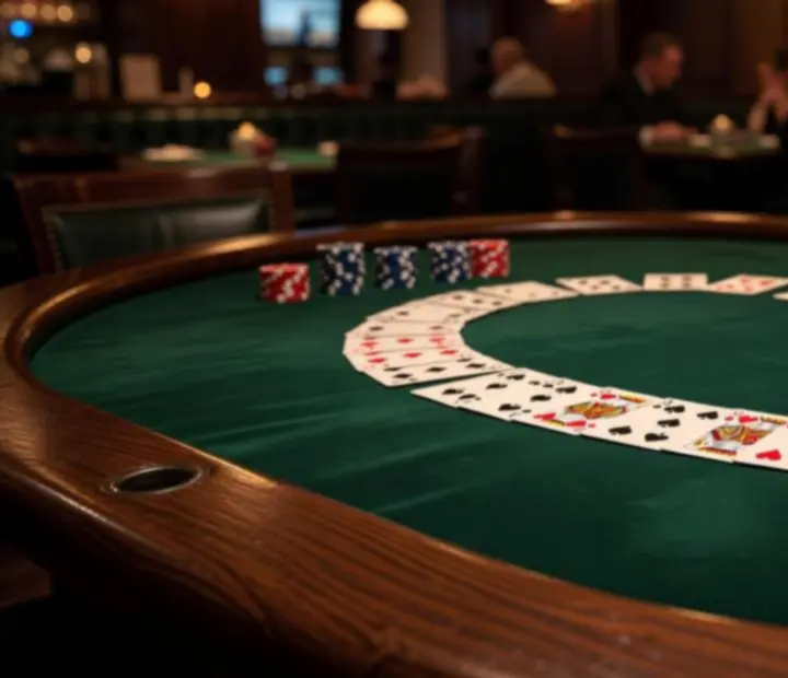 Close-up Australian poker table with green felt, cards, chips and candlelit glasses.