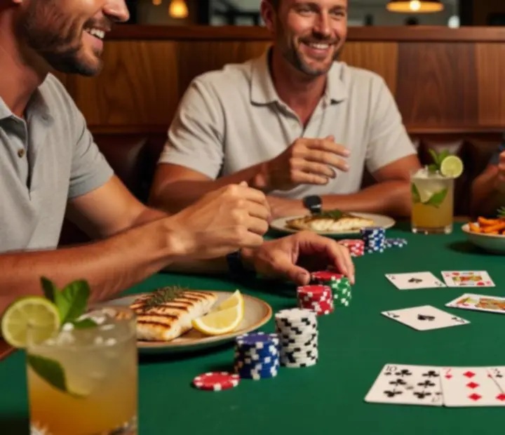 Friends gathered around a green-felt poker table at Lucky Fiestta, sharing food and cards.