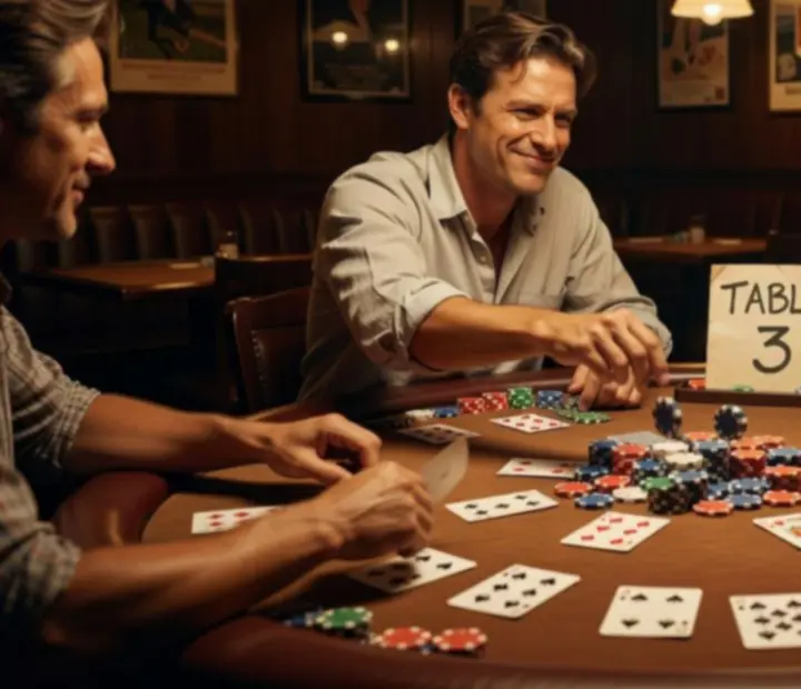 Collage of classic poker night moments including card reveals, laughter and final table scenes