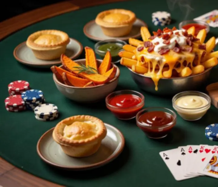 Assorted share plates, loaded fries and small snacks arranged beside a poker table