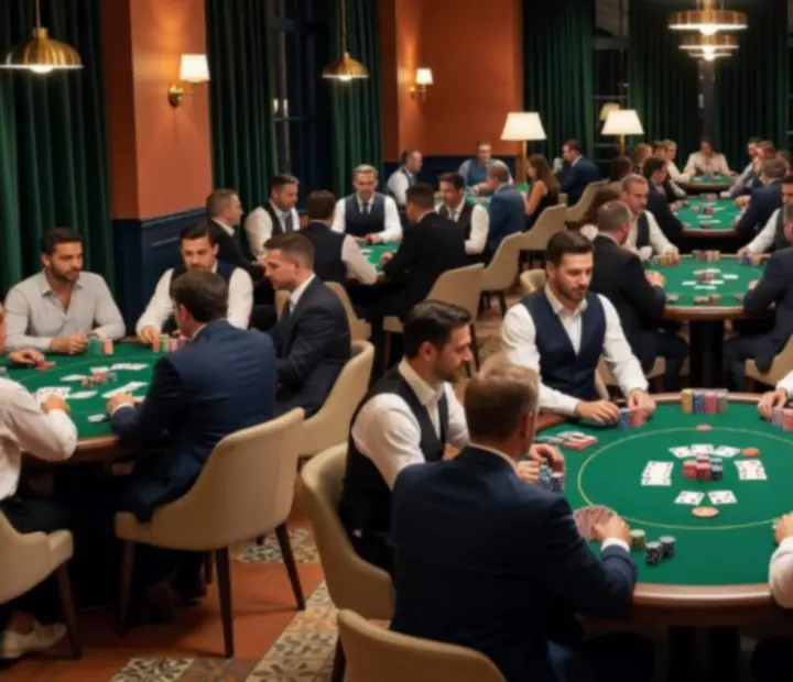 Evening poker tournament with players around a green felt table in a warm Australian card lounge.