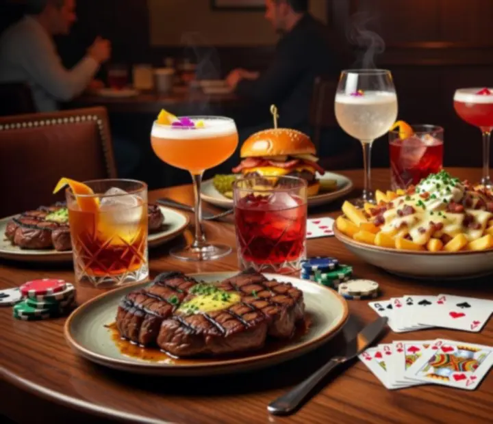 Share plates with steaks, sliders and cocktails beside a poker table