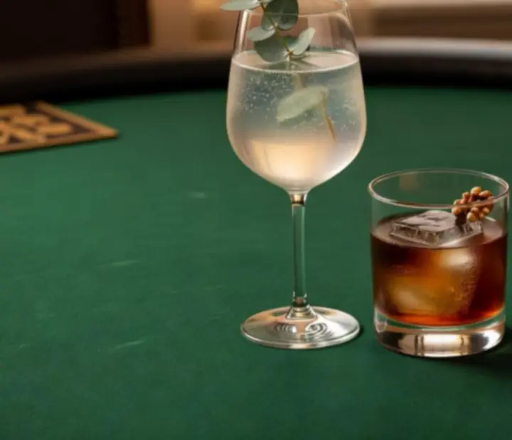 Cocktails and snacks paired beside a poker table