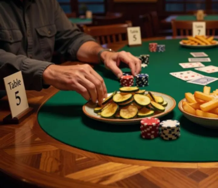 Poker table set with snacks, cards and chips at Lucky Fiestta