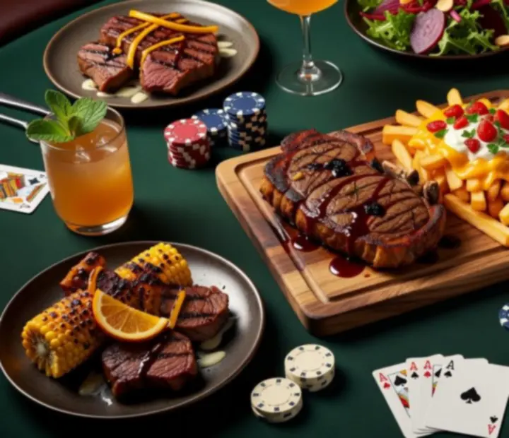 Share plates, steaks and snacks arranged beside a poker table with cards and chips.