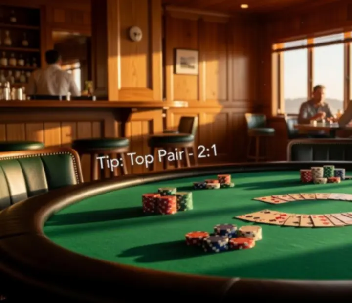 Overhead view of a green felt poker table with cards, chips and hands reaching in to play at Lucky Fiestta