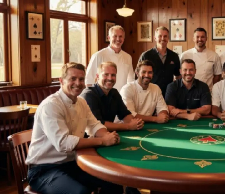 Team of chefs, dealers and hosts gathered around a poker table in the restaurant