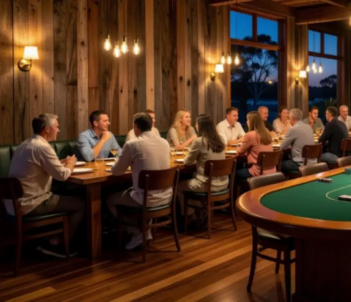 Warm timber Australian card lounge at night with a communal dining table and poker table laid with cards and chips.