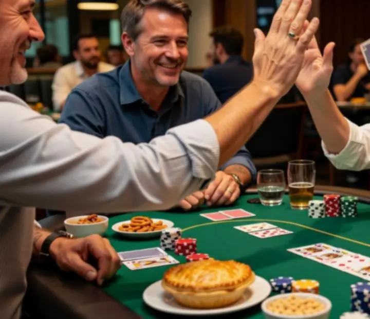 Friends celebrating around a poker table, sharing snacks and card-night traditions.