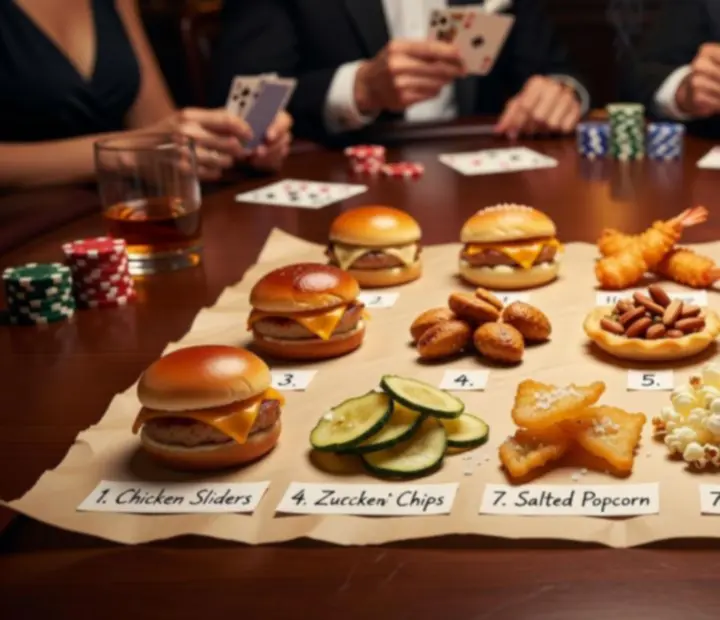 Illustrated guide of poker table snacks arranged around playing cards and chips.